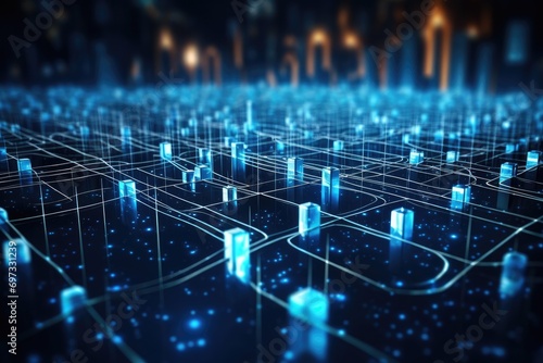 Circuit board background. 3d rendering, 3d illustration, Cyber big data flow, blockchain data fields, and network line connect stream, AI Generated