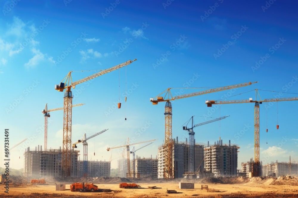Construction site with cranes on blue sky background. 3d rendering, Construction site with cranes and a building against a blue sky, AI Generated
