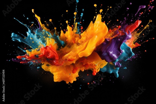Colored paint splashes isolated on black background. 3d rendering, Colorful paint splashes and blots on a black background, AI Generated