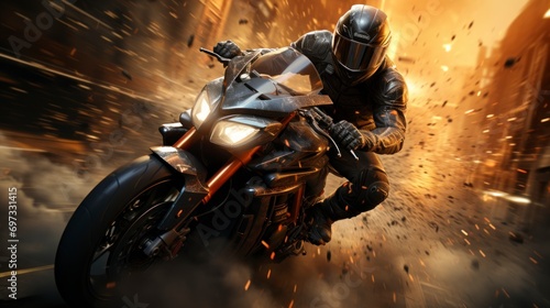 Motorcycle Rider in Black Gear Amidst Flying Sparks in Dynamic City Scene