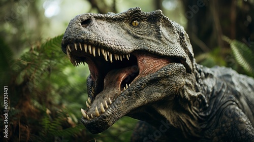 Roaring Dinosaur Amidst Lush Green Forest with Detailed Skin Texture