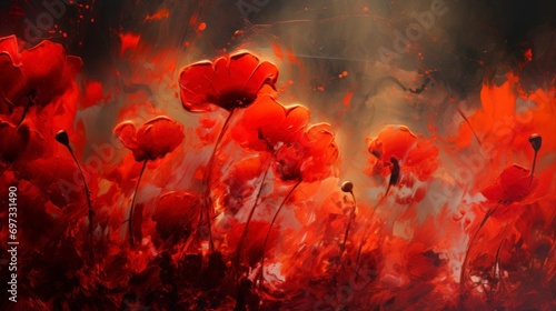  Vibrant Red Poppies in Full Bloom Amidst Fiery Abstract Background