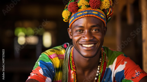 Closeup shot of happy young african man in tribal shirt looking away and smiling, portrait of positive black bearded guy in traditional african costume, selective focus with free space