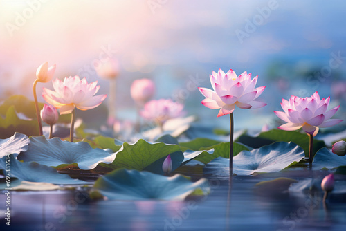 Tranquil Dawn  Serene Lotus Pond with Soft Colors and Graceful Flowers  Generative Ai