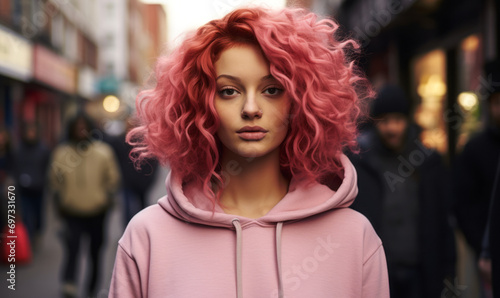 Young Woman with Vibrant Pink Curly Hair in a Hoodie Standing in a Busy City Street © Bartek