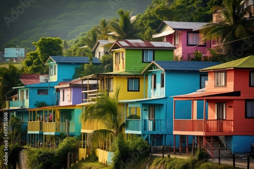 Colorful wooden houses on the island of Sri Lanka, Asia, Colorful houses on the tropical island of Barbados, AI Generated