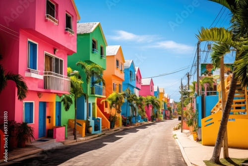 Colorful houses in Playa del Carmen, Yucatan, Mexico, Colorful houses on the tropical island of Barbados, AI Generated photo