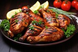 Grilled chicken legs with vegetables on plate on wooden table, closeup, Delicious grilled chicken, AI Generated