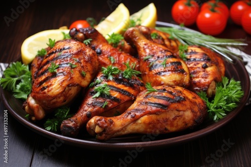Grilled chicken legs with vegetables on plate on wooden table, closeup, Delicious grilled chicken, AI Generated photo