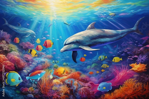 Dolphin swimming in the ocean. Illustration of the underwater world, Dolphin with a group of colorful fish and sea animals with vibrant coral underwater in the ocean, AI Generated