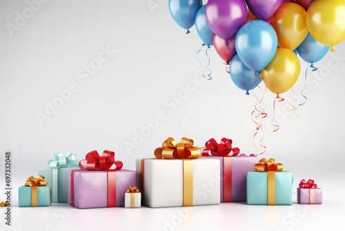 Birthday background with Gift boxes color balloons and confetti, 3d render of birthday background, AI Generated