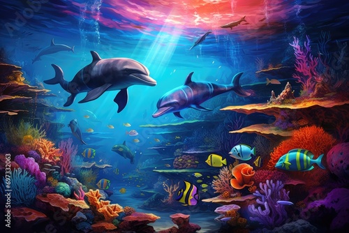 Underwater scene with dolphins and coral reef - 3d illustration, Dolphin with a group of colorful fish and sea animals with vibrant coral underwater in the ocean, AI Generated photo