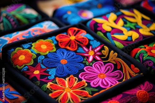 Colorful handmade embroidery on display at a flea market, Colorful embroidered decorative textile from Otavalo city at the artisan's market, AI Generated photo