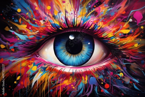 Colorful eye with abstract background. Psychedelic eye painting, Colorful eye painting, AI Generated photo