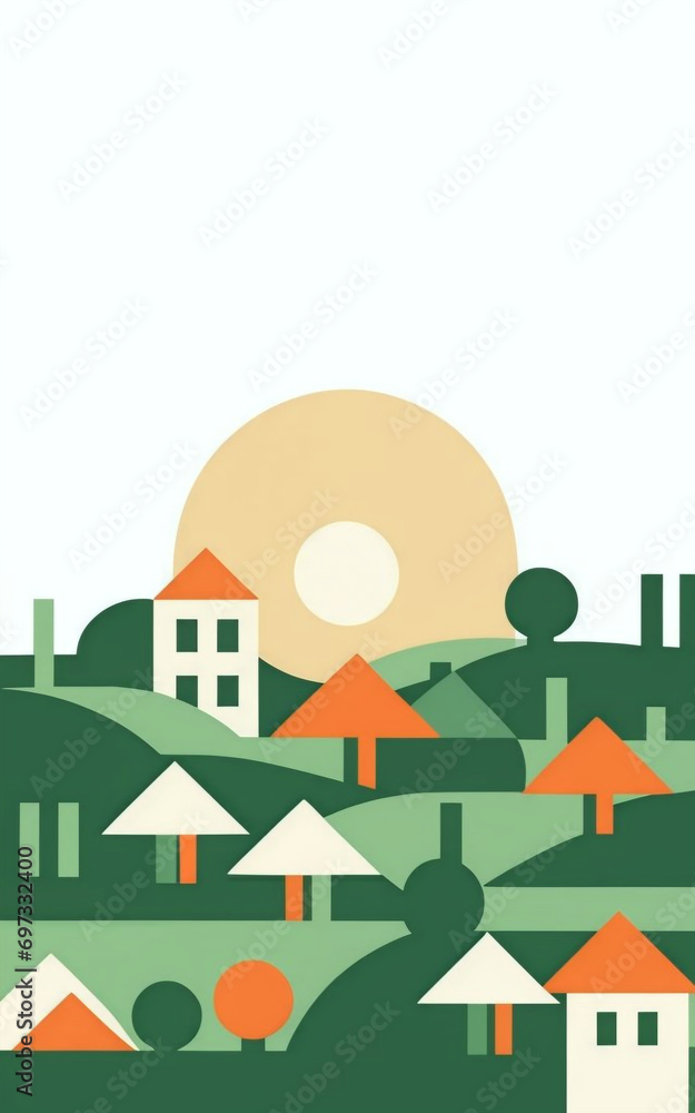 Minimalistic color design of a city, white background , minimalist colored, abstract two toned background of trees and bushes, and grass and sun, generative ai