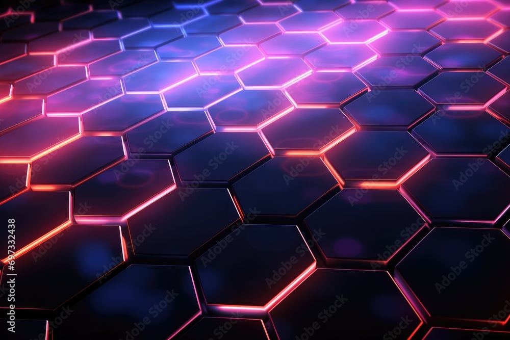 abstract background with glowing hexagons in blue and purple colors, 3d illustration, Create an abstract background hexagon pattern with glowing lights, AI Generated