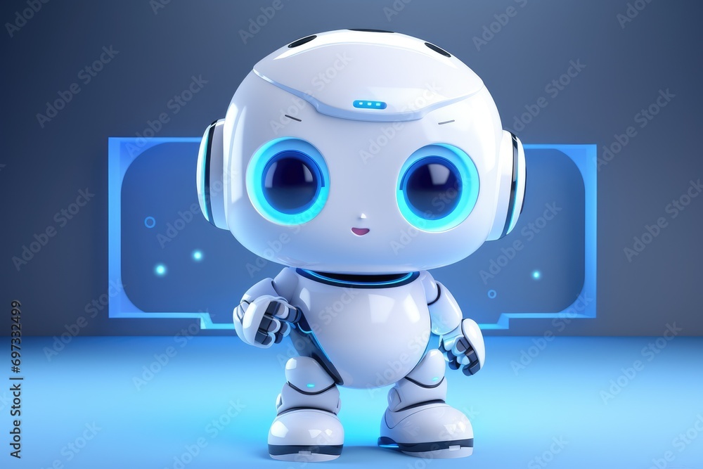 3D rendering of a cute little robot with blue eyes isolated on blue background, Cute white system Artificial Intelligence Chat Bot AI, AI Generated 3D rendering of a cute little robot with blue eyes isolated on blue background, Cute white system Artificial Intelligence Chat Bot AI, AI Generated