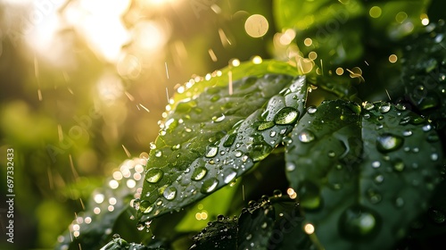 a lush green leaf with water droplets, symbolizing freshness and natural purity, with sunlight streaming through the droplets creating a radiant effect. generative AI