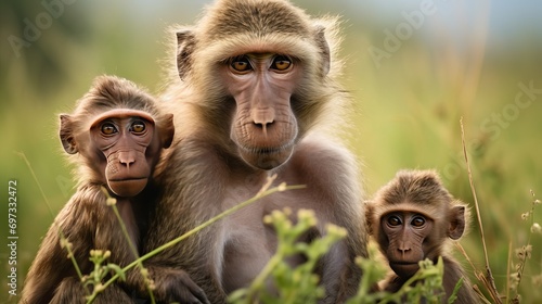 Baboon and her children sat on a field covered in grass that was captured in nakuru, kenya.