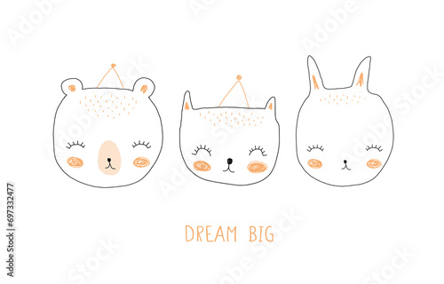 Dream Big. Cute Hand Drawn Funny Rabbit, Sweet Kitty and Teddy Bear Vector Illustration. Lovely Nursery Art with Bunny, Cat and Bear Isolated on a White Background. Kids Room Decoration. RGB.