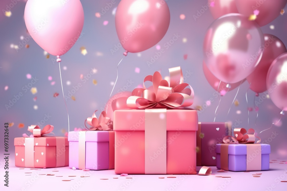 Colorful balloons background 3D Rendering, Celebratory background with color balloons, confetti, sparkles, lights, AI Generated
