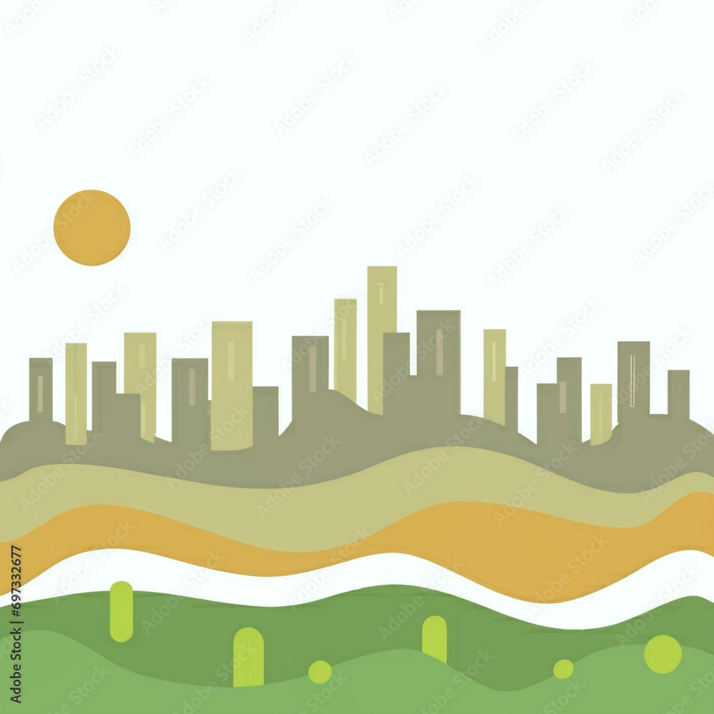 Minimalistic color design of a city, white background , minimalist colored, abstract two toned background of trees and bushes, and grass and sun, generative ai