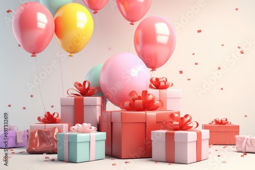 Colorful balloons background 3D Rendering, Celebratory pink background with color balloons, confetti, sparkles, lights, AI Generated