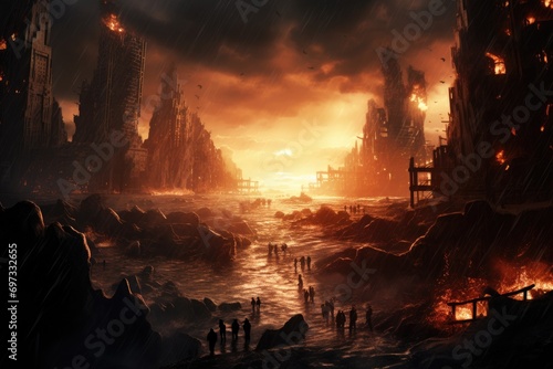 Fantasy landscape with a fire and smoke in the sky. 3d rendering, Digital painting of a world collapse, doomsday scene, AI Generated