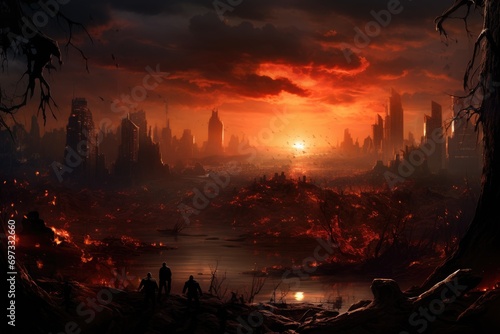 Fantasy landscape with city destroyed by fire. 3D illustration, Digital painting of a world collapse, doomsday scene, AI Generated