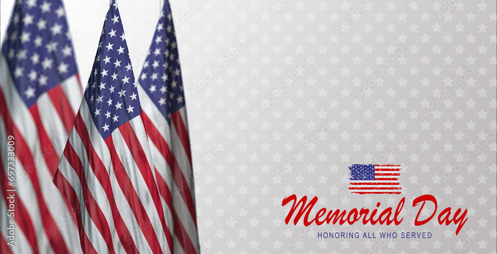 Fototapeta premium Memorial Day Banner Vector illustration, USA flag waving with stars on bright background.