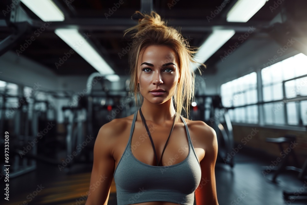 Close-up photo of attractive fit woman in the gym