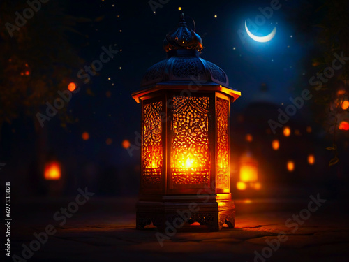 	
Ornamental Arabic lantern with burning candle glowing at night Muslim holy month Ramadan Kareem Eid