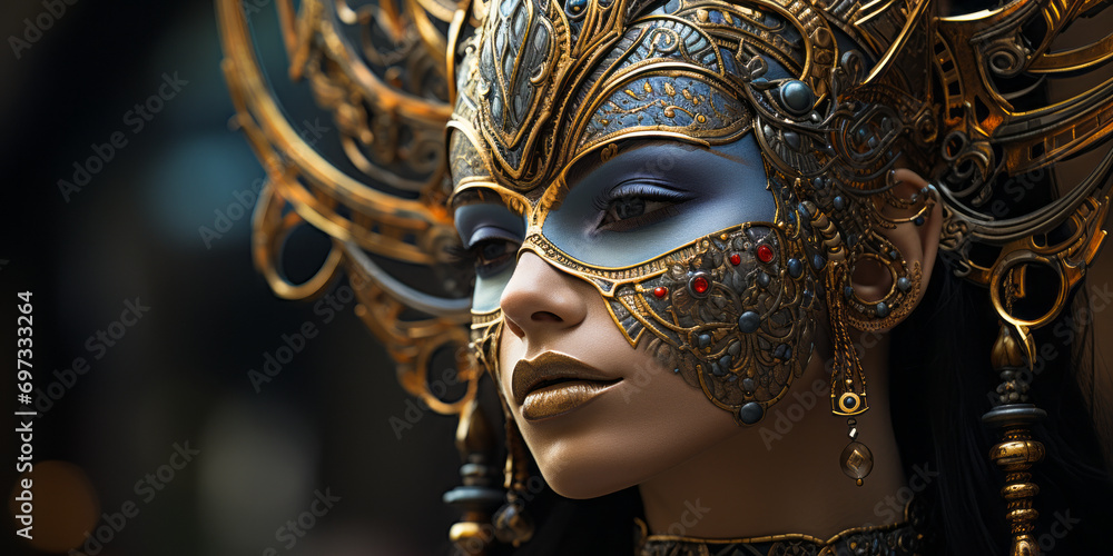 Majestic Female Entity with Golden Filigree Headpiece and Intricate Body Art Exuding Royal Fantasy Essence