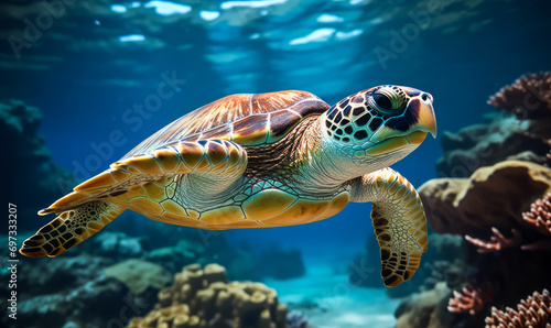Graceful Sea Turtle Swimming Serenely in Sunlit Ocean Waters Amidst Coral Reef © Bartek