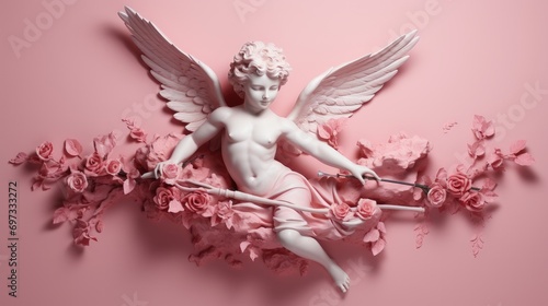 cupid flying overhead shooting his arrow on pink background. photo