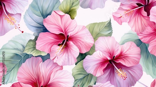 Seamless watercolor pattern  hibiscus flowers.