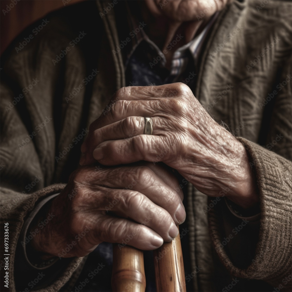 wrinkled hands of an old man leaning on a stick close-up. concept of loneliness, age and old age