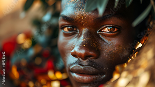 muscular african male model with sparkling hazel eyes reclining in a background of kwanzaa holiday