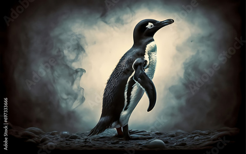 an ethereal and mesmerizing image of an Adelie Penguin Embrace the styles of illustration, dark fantasy, and cinematic mystery the elusive nature of smoke photo