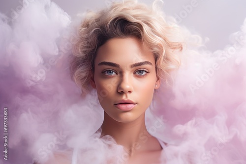 Young woman surrounded by clouds of white, pink, purple smoke on a pastel background,