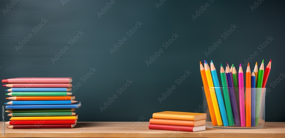 A pile of books and a collection of pencils in the photo with a textured black wall background A pile of books and a collection of pencils in the photo with a textured black wall background