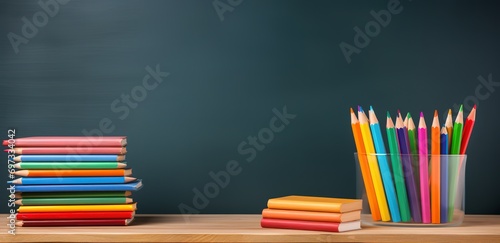 A pile of books and a collection of pencils in the photo with a textured black wall background