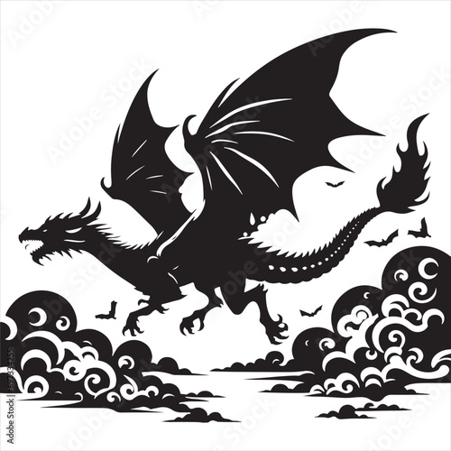 Night Symphony: Majestic Dragon Silhouette, Wings Creating Melodic Shadows - Flying Dragon Silhouette
