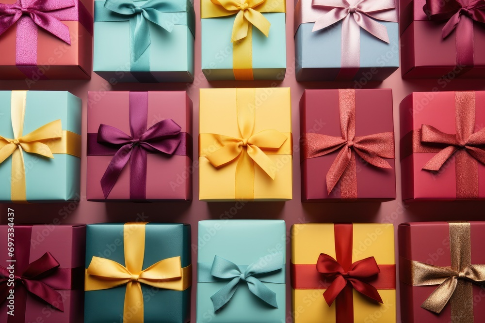 Top view Colorful gift box binding with color Ribbon and blur background Ai generated