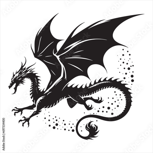 Moonlit Marvel: Awe-Inspiring Dragon Silhouette, Wings Unfurled in Flight - Silhouette of Flying Dragon - dragon silhouette illustration
