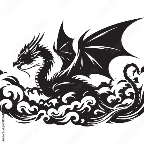 Shadowed Wings, Flying Dragon Silhouette Soaring Over Ancient Landscapes - Flying Dragon Silhouette

