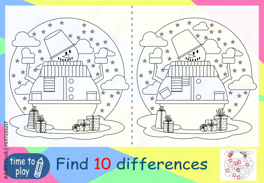 children's educational game. logic game. coloring book. find the difference. New Year. snowman