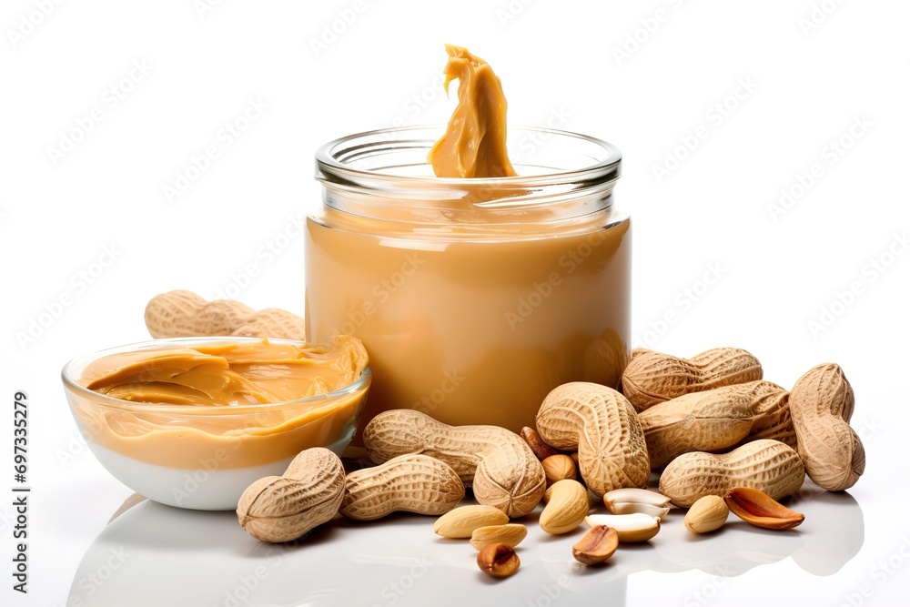 peanut butter in a clear bowl decorated with peanut seeds on the side on a white background. generative AI peanut butter in a clear bowl decorated with peanut seeds on the side on a white background. generative AI