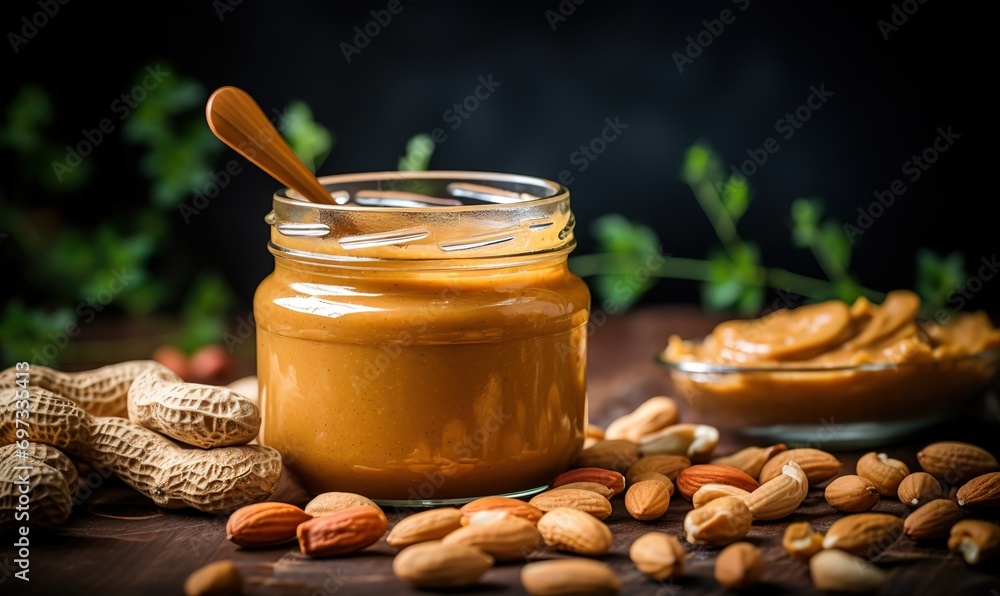 peanut butter in a clear bowl decorated with peanut seeds on the side on a dark background. generative AI peanut butter in a clear bowl decorated with peanut seeds on the side on a dark background. generative AI
