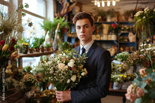young man in a suit stands with a bouquet of flowers .Concept for Mother s Day  Valentine s Day or International Women s Day or first date. Fresh spring flowers.